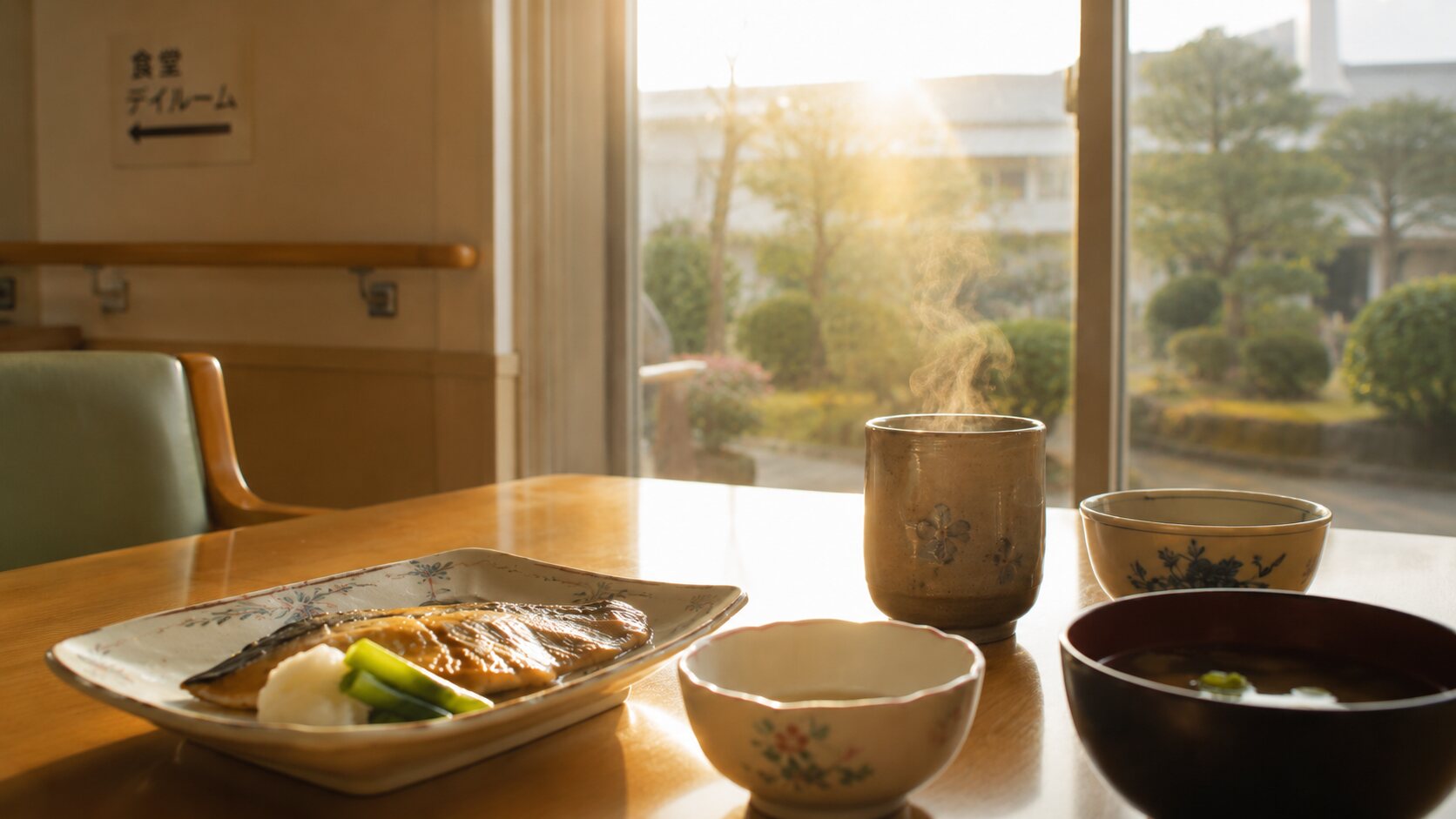 夕陽の差し込む施設の食堂、湯気の立つ和食の膳
